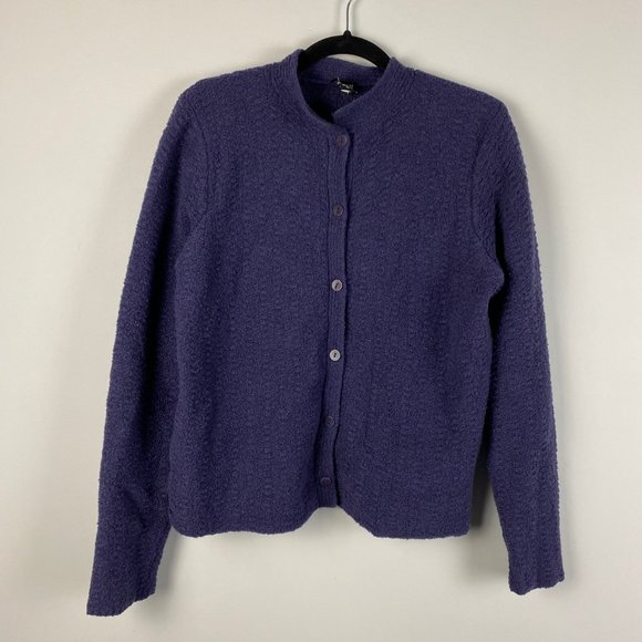 Eileen Fisher Boucle Purple Wool Blend Mock Neck Cardigan Knit Jacket Sz Medium - Picture 1 of 9